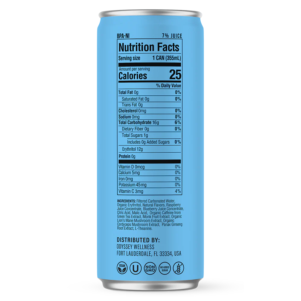 Odyssey Elixir – Blue Raspberry 222 – Sparkling Energy Drink – 4 Pack - 12 oz Can
