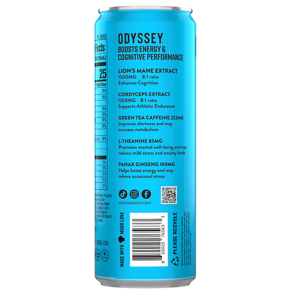 Odyssey Elixir – Blue Raspberry 222 – Sparkling Energy Drink – 4 Pack - 12 oz Can