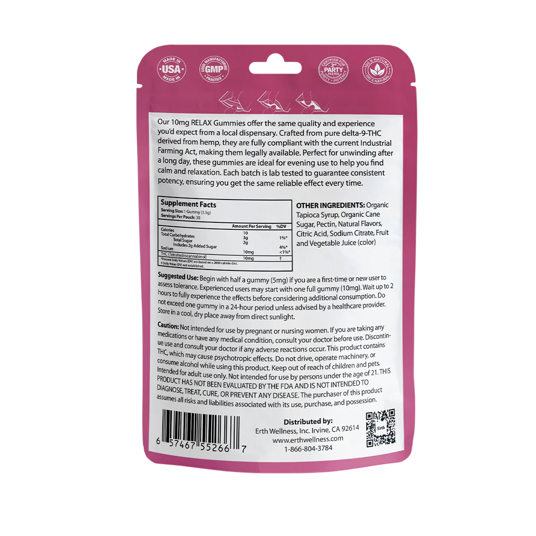 Erth Wellness – D9 THC Gummies – Relax – Tutti Frutti – 10 mg – 30 ct