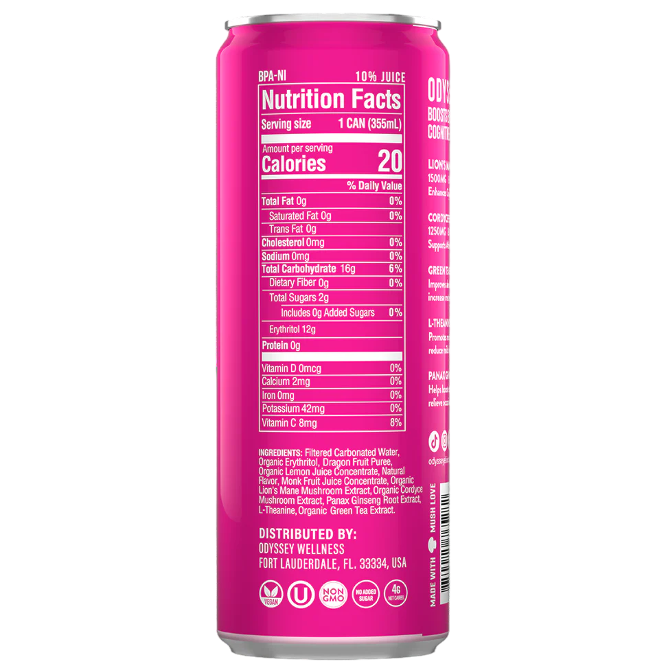 Odyssey Elixir – Dragon Fruit Lemonade – Sparkling Energy Drink – 4 Pack - 12 oz Can