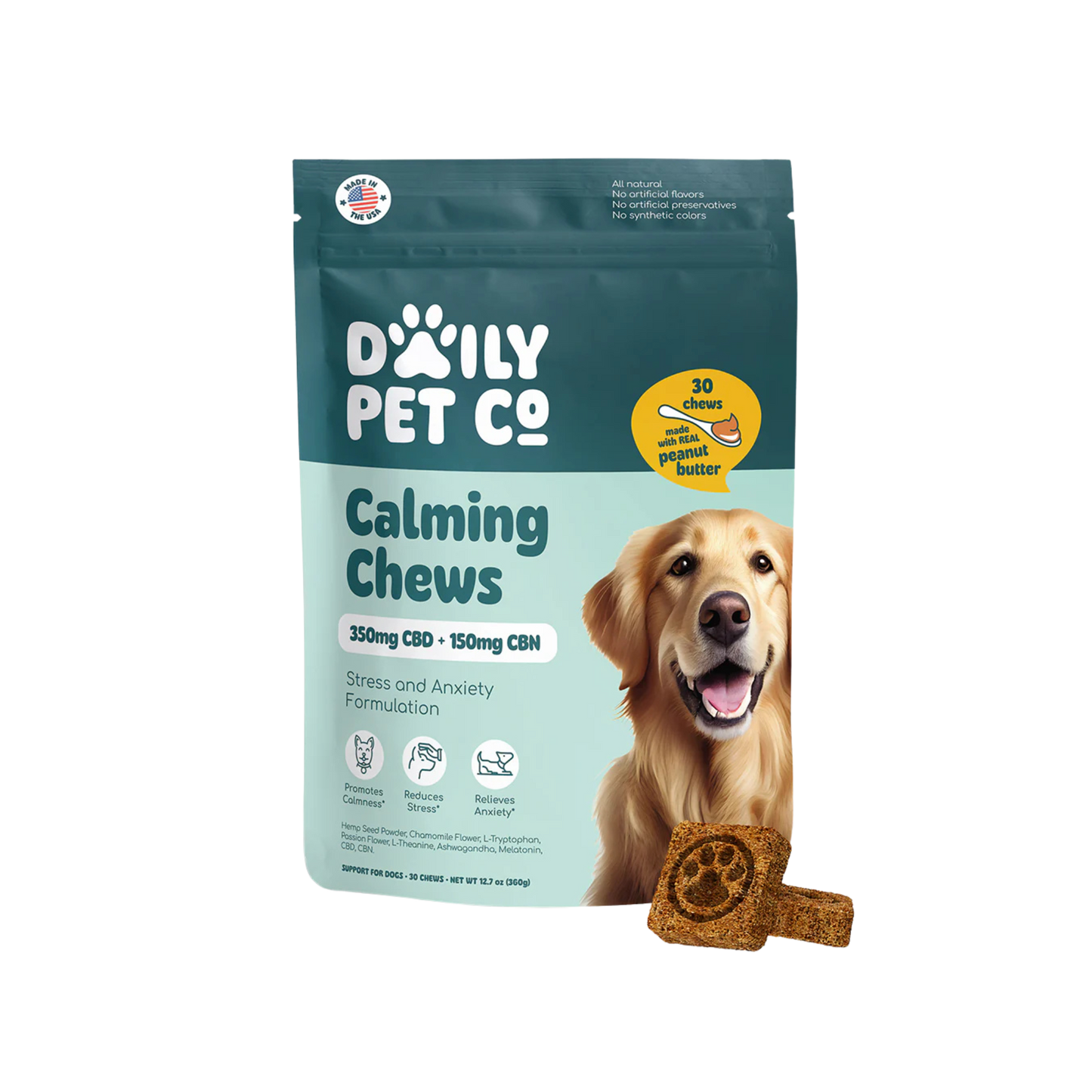 Daily Pet Co. – CBD + CBN Dog Chews – Calming – Peanut Butter – 350mg CBD / 150mg CBN – 30ct