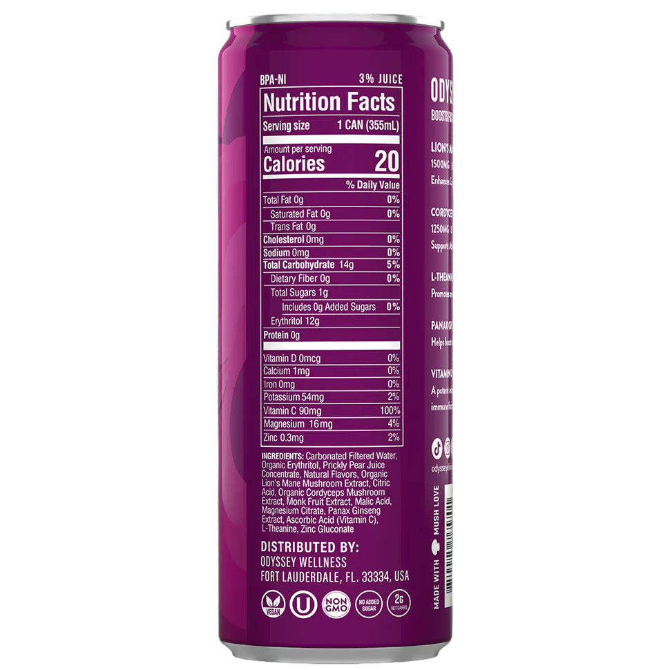 Odyssey Revive – Prickly Pear – Sparkling Mushroom Elixir – 4 Pack - 12 oz Can