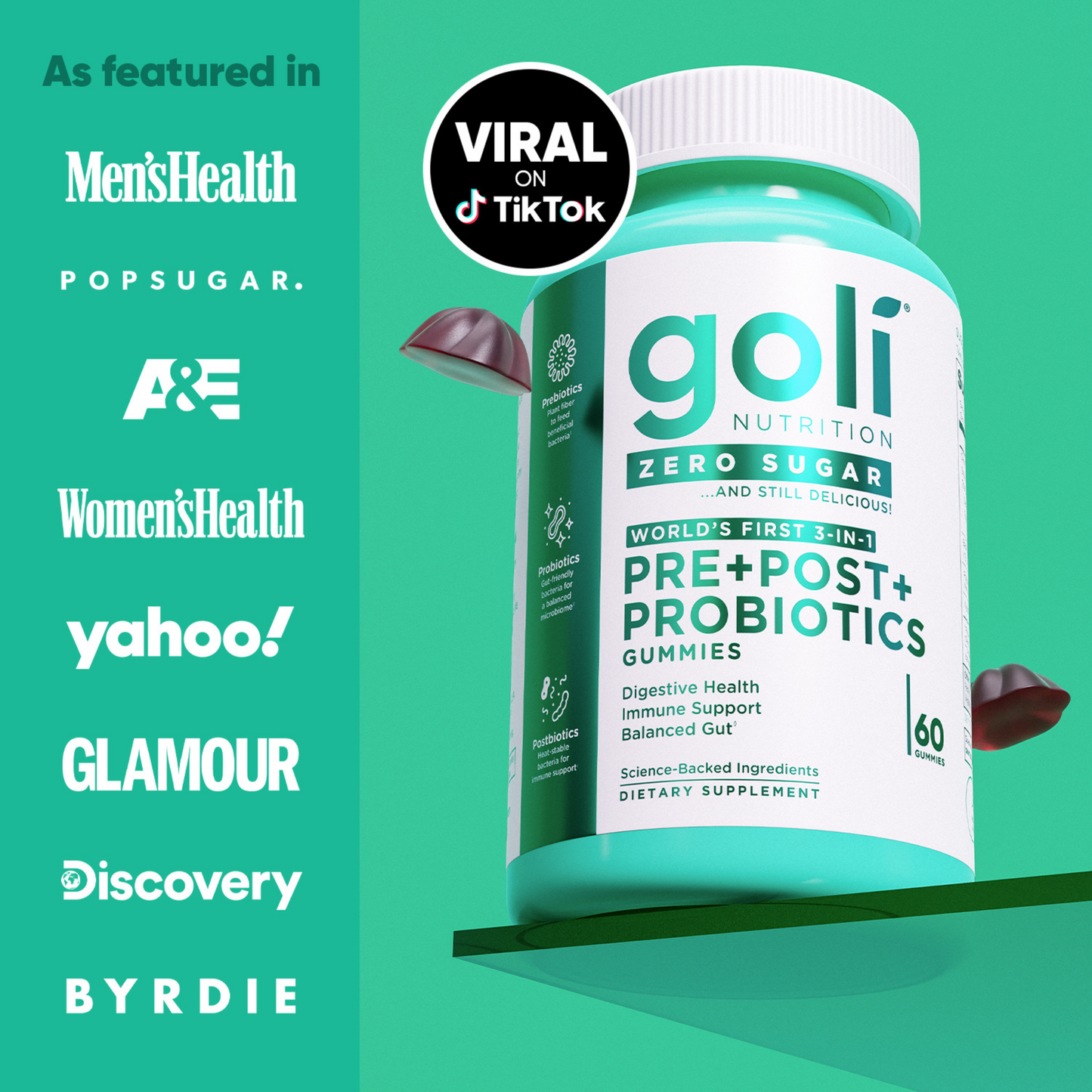 Goli Nutrition – Zero Sugar Probiotic Gummies – Pre + Post + Probiotic – 60ct