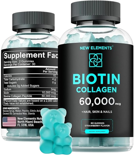 Two bottles of New Elements Biotin & Collagen Peptides Gummies with blue bear-shaped gummies for hair, skin, and nails support.