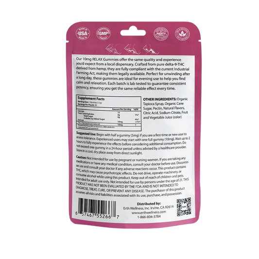 Erth Wellness – D9 THC Gummies – Relax – Tutti Frutti – 10 mg – 30 ct