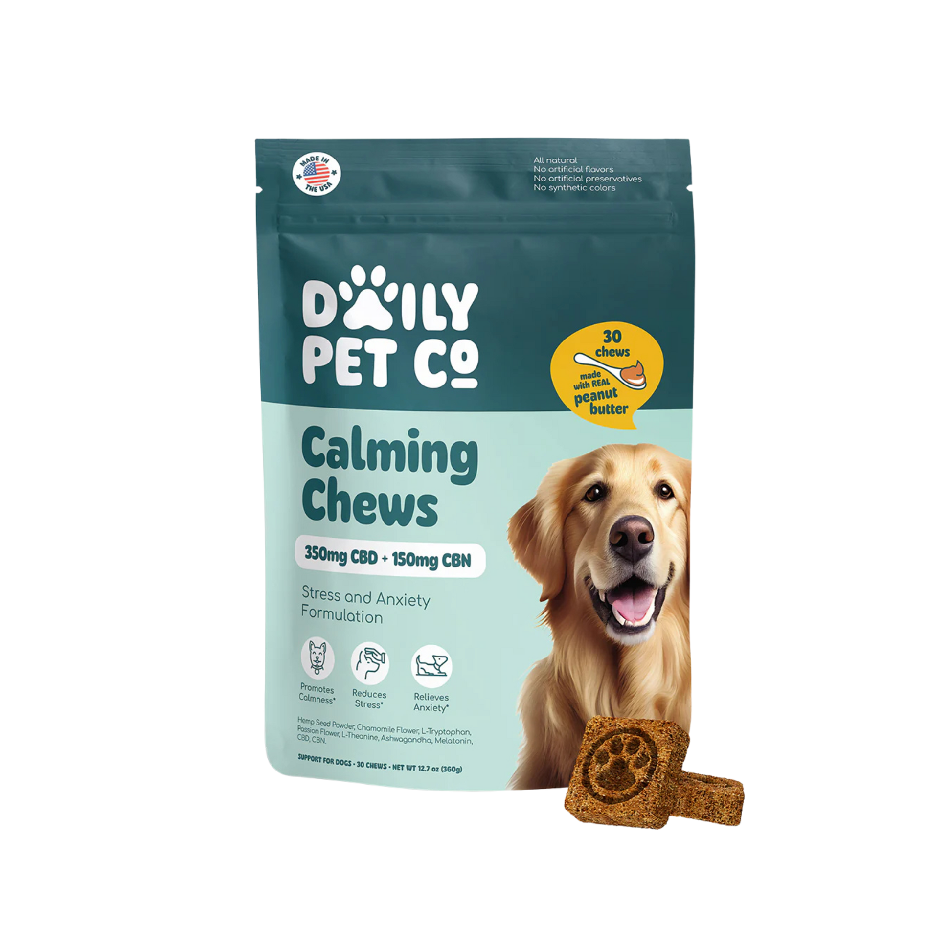 Daily Pet Co. – CBD + CBN Dog Chews – Calming – Peanut Butter – 350mg CBD / 150mg CBN – 30ct