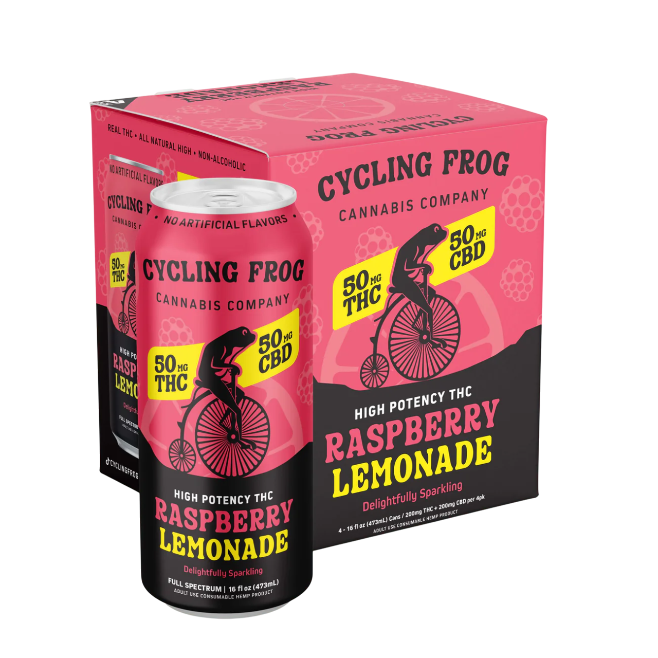 Cycling Frog – Raspberry Lemonade – 50mg THC + 50mg CBD – Sparkling Seltzer – 4‑Pack