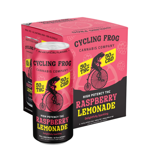 Cycling Frog – Raspberry Lemonade – 50mg THC + 50mg CBD – Sparkling Seltzer – 4‑Pack